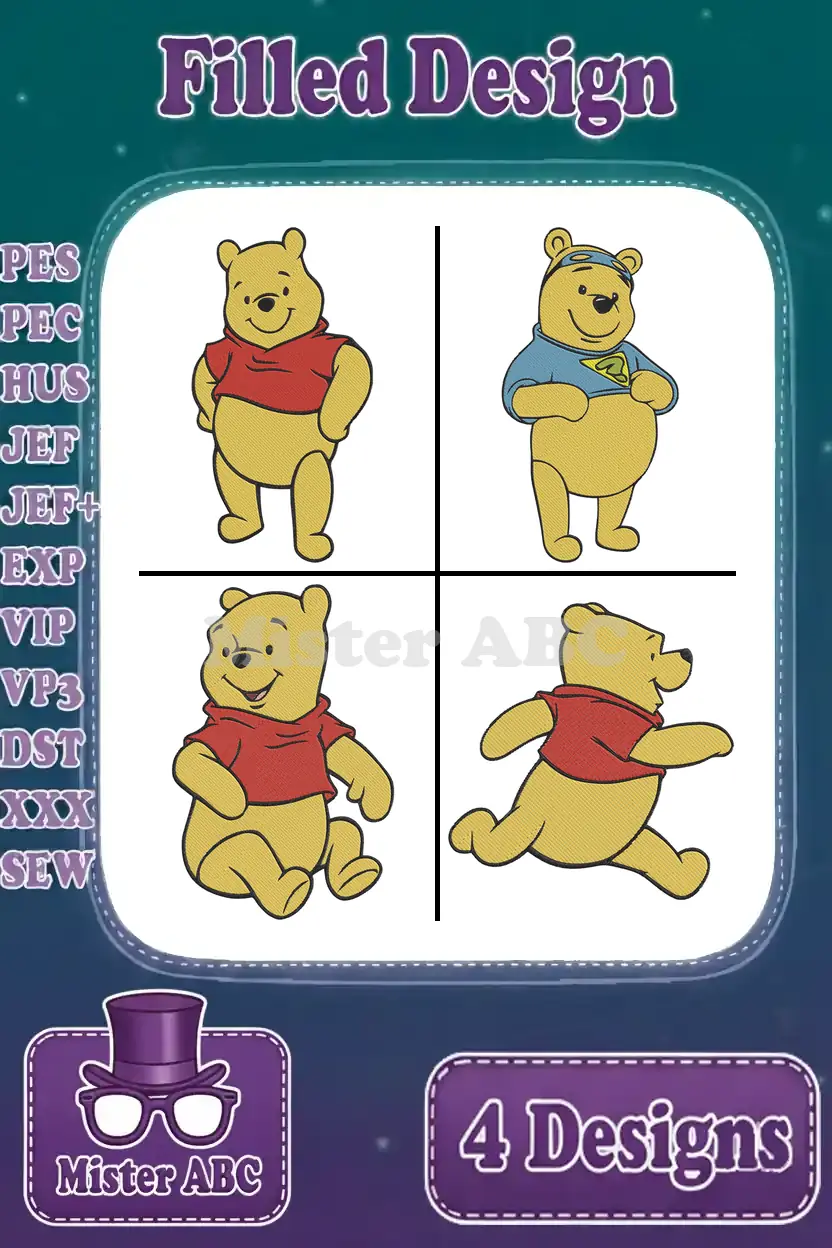 Four vibrant Winnie the Pooh filled embroidery designs, including a superhero Pooh, for diverse crafting projects.