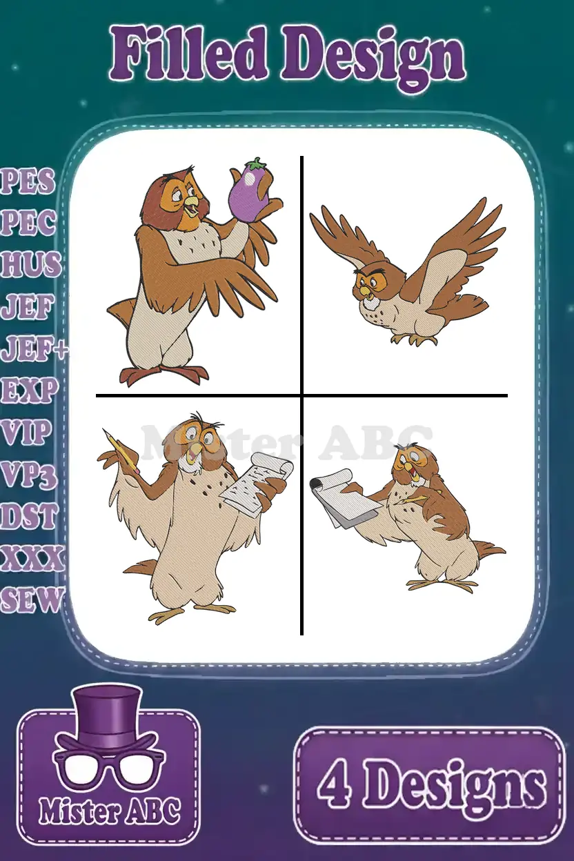 A vibrant image displaying four distinct filled embroidery designs of Professor Owl in various poses, ready for digital download.