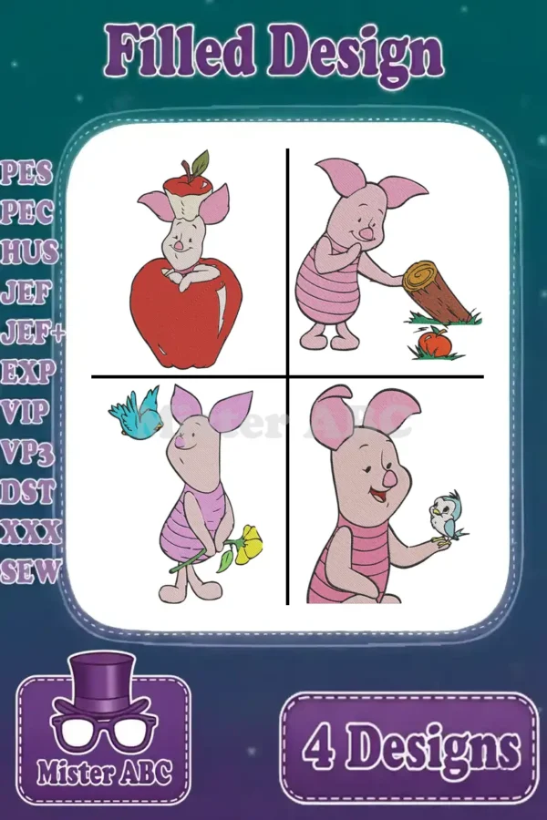A vibrant collage showcasing four distinct filled embroidery designs of Piglet in various adorable poses for crafters.