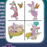 Winnie The Pooh Piglet With Butterfly In Nest And With Spring Flowers Scenes - Filled Embroidery Design - Instant Download