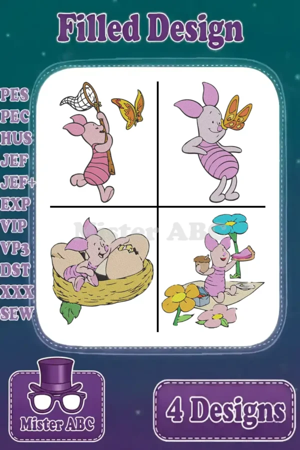 A vibrant collage showcasing four distinct Piglet embroidery designs, highlighting various poses and themes with filled stitches.