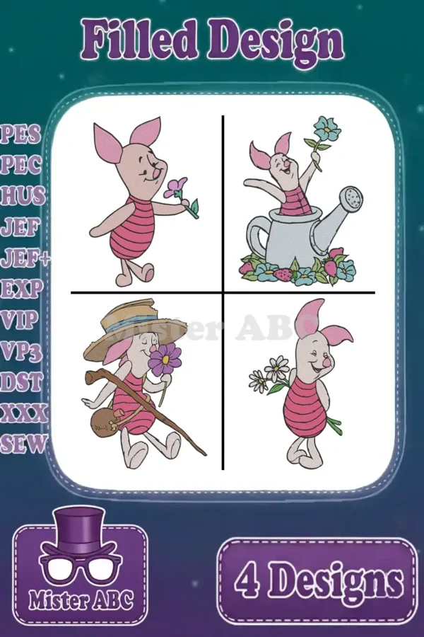 A vibrant main product image displaying four unique Piglet filled embroidery designs, ready for various projects.