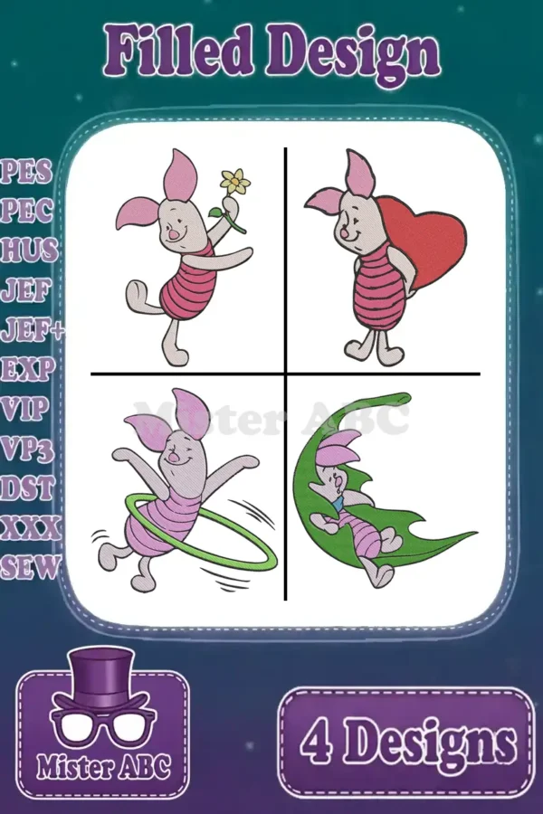 A vibrant collage of four filled Piglet embroidery designs, showcasing various playful poses and supported formats.