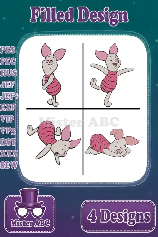 Four adorable Piglet embroidery designs in various playful poses, showcasing filled stitch detail and multiple formats.