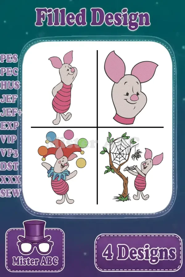 A vibrant overview of four charming Piglet filled embroidery designs, showcasing various poses and available file formats.