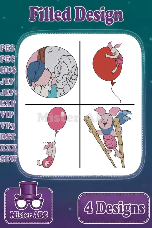 A vibrant collage of four filled Piglet embroidery designs featuring different playful scenes and popular file formats.