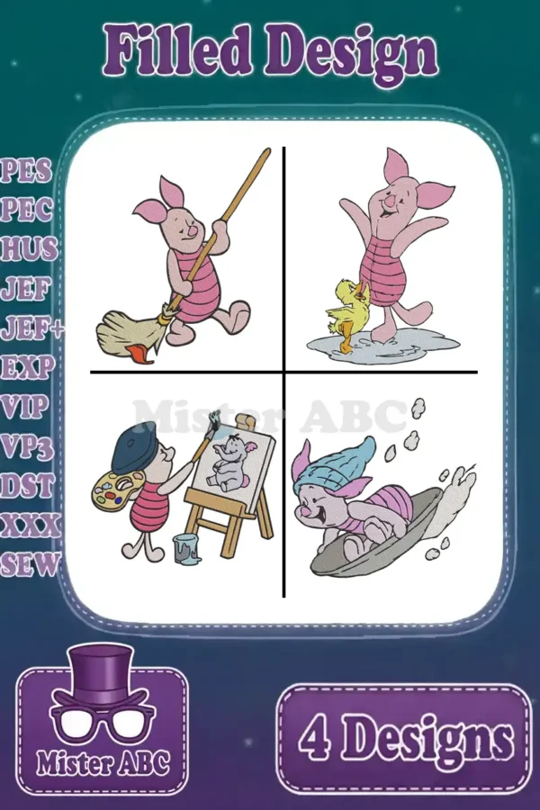 A vibrant collage of four distinct Piglet embroidery designs, showcasing various playful activities in filled stitch format.