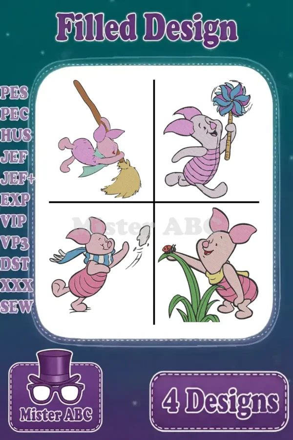 A vibrant main image displaying four unique filled embroidery designs of Piglet from Winnie the Pooh, ready for crafting.