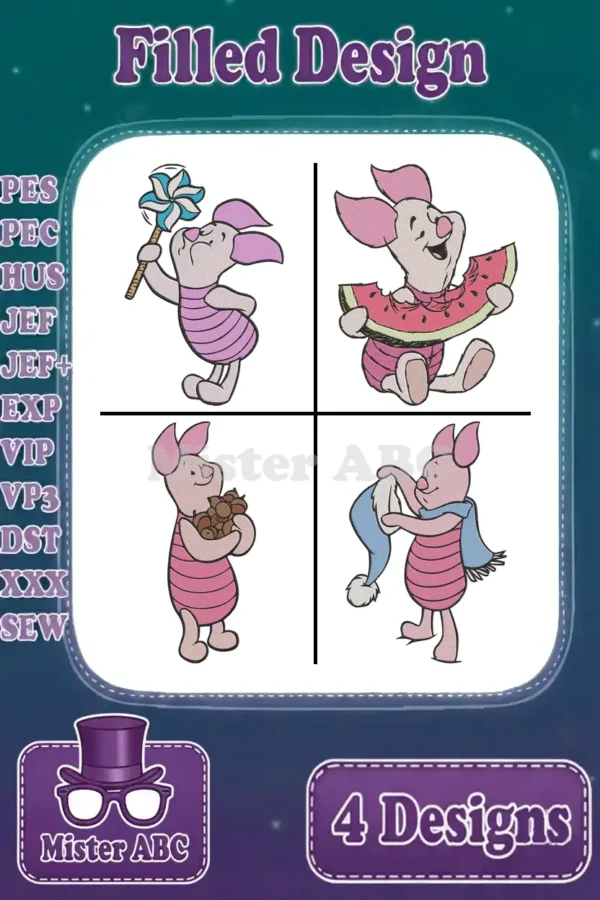 A vibrant display of four unique Piglet filled embroidery designs, ready for various projects and machine formats.