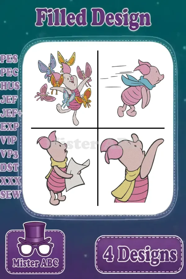 Main image displaying four unique filled embroidery designs of Piglet, each in a different playful pose, ready for stitching.