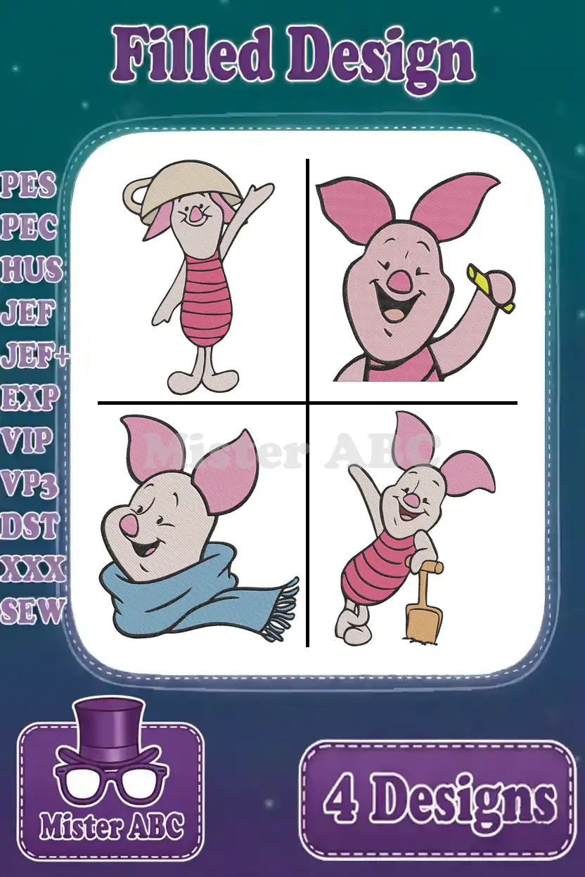 A vibrant main image featuring four distinct Piglet filled embroidery designs, showcasing various poses and expressions. Ideal for diverse crafting projects.