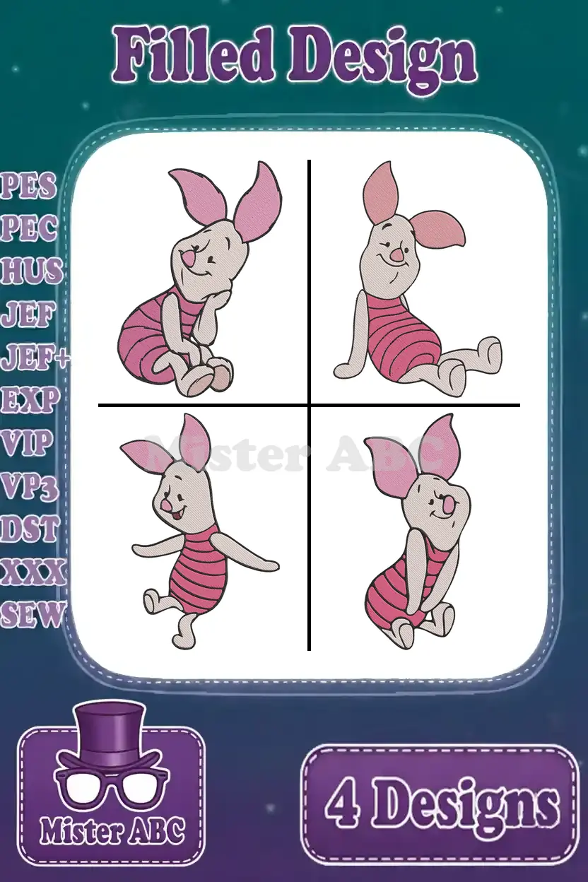 Four adorable Piglet machine embroidery designs in various poses, showcasing filled stitch types and supported file formats.