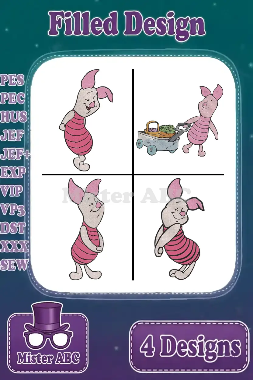Four delightful Piglet filled embroidery designs, showcasing different poses, ready for various creative projects.