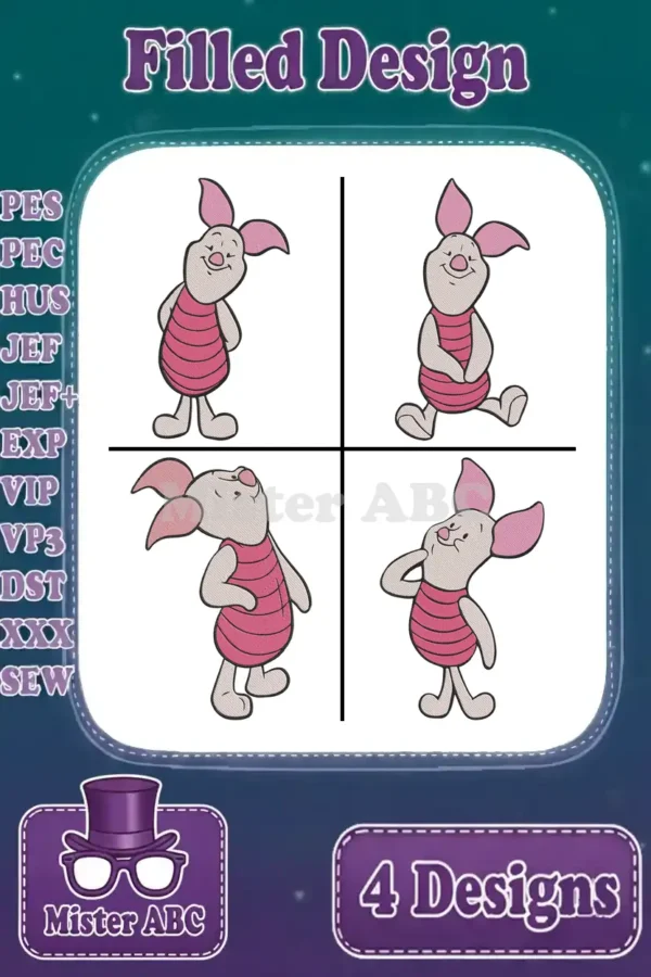 Four charming Piglet embroidery designs in various poses, showcasing filled stitch detail and available file formats for crafters.