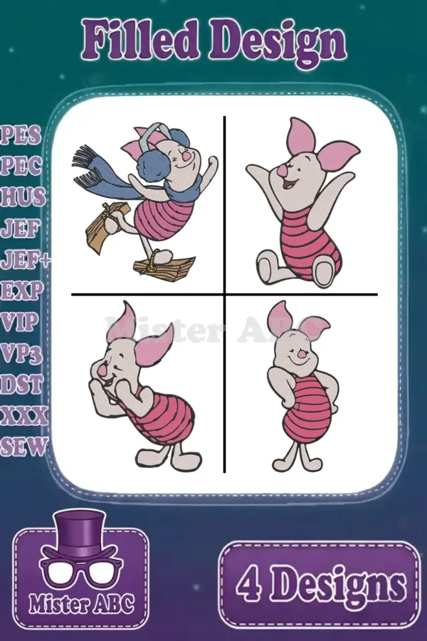 A main product image displaying four distinct filled embroidery designs of Piglet in various poses, ready for stitching.