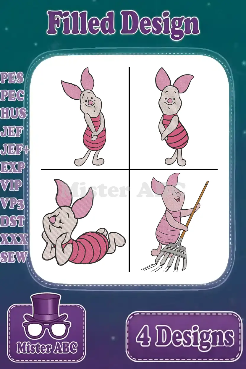 A charming bundle of four filled embroidery designs featuring Piglet in various adorable poses for crafting projects.