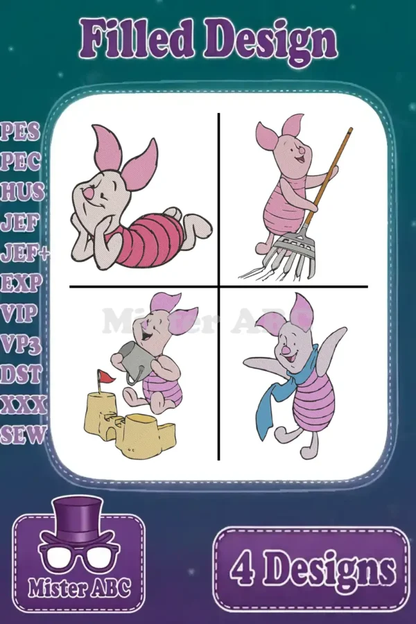 Four delightful filled embroidery designs of Piglet from Winnie the Pooh in various playful poses.