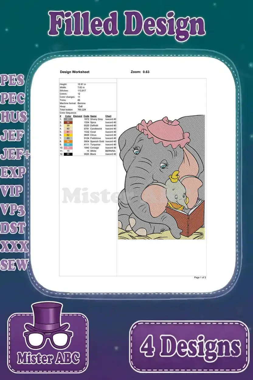 Embroidery design worksheet for Dumbo reading with Mrs. Jumbo, detailing stitch count, dimensions, and colors.