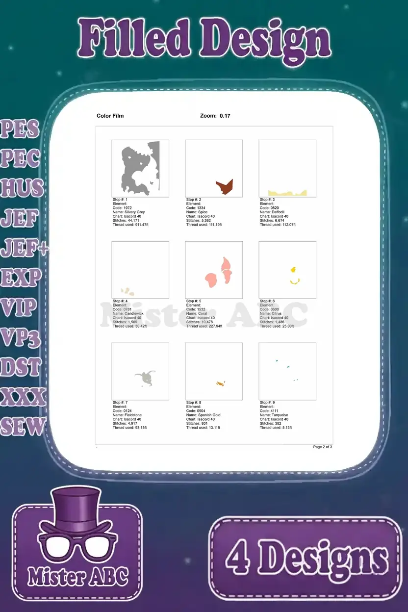 First page of the color film for Dumbo reading with Mrs. Jumbo design, showing initial stitch steps and colors.