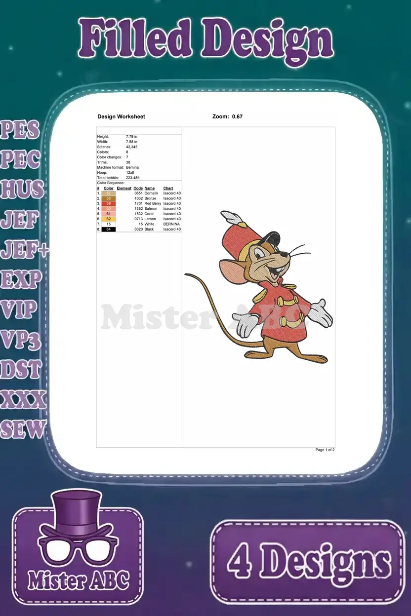 Detailed design worksheet for a Jerry Mouse embroidery, displaying stitch count, color sequence, and dimensions.