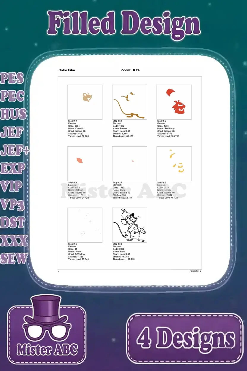 Color film breakdown for the first Jerry Mouse embroidery, illustrating the precise layering of stitches.