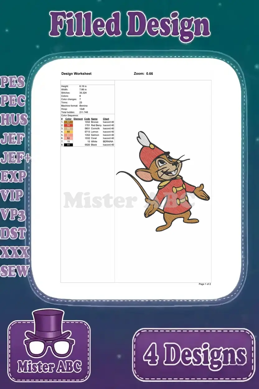 Comprehensive design worksheet for the second Jerry Mouse embroidery, detailing stitch counts and colors.