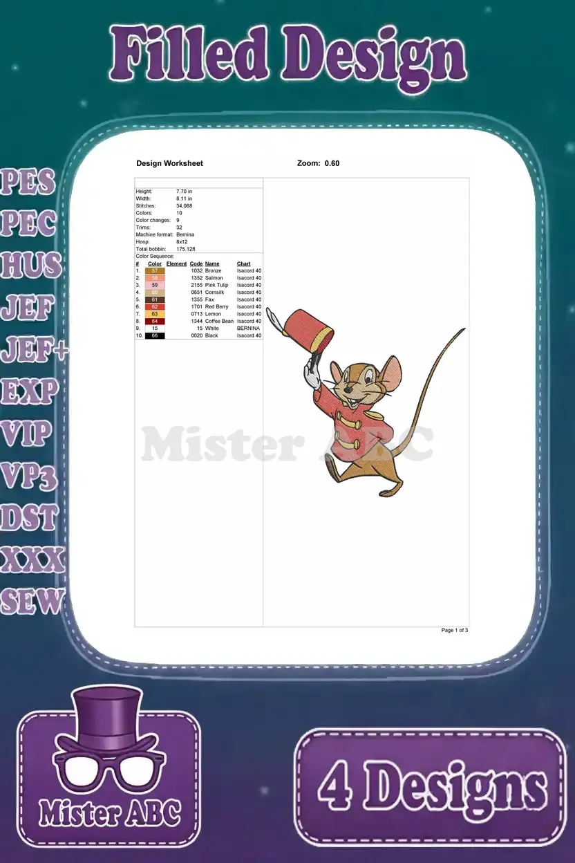 Design worksheet for the fourth Jerry Mouse embroidery, detailing stitch parameters and color chart.