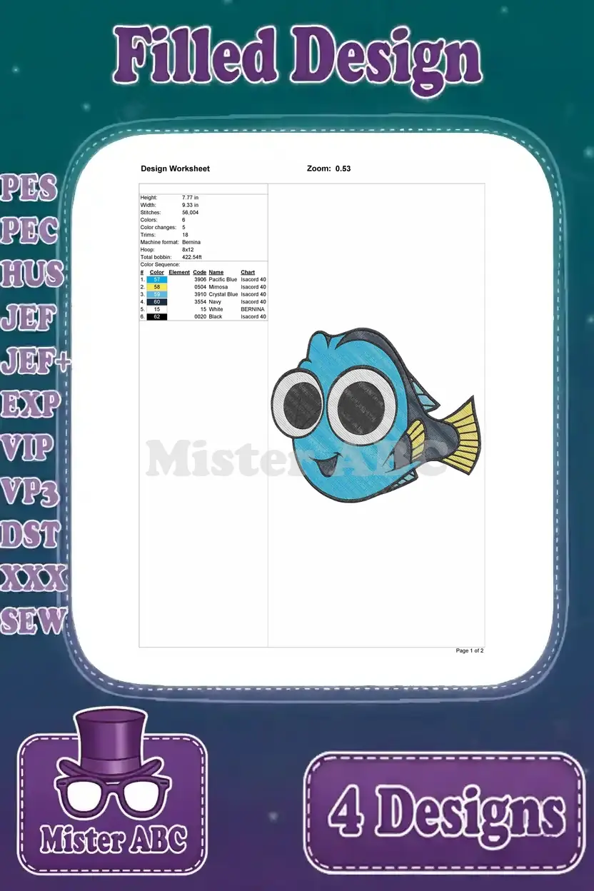 Embroidery design worksheet for a side-profile Dory, detailing stitch count, dimensions, and thread colors.