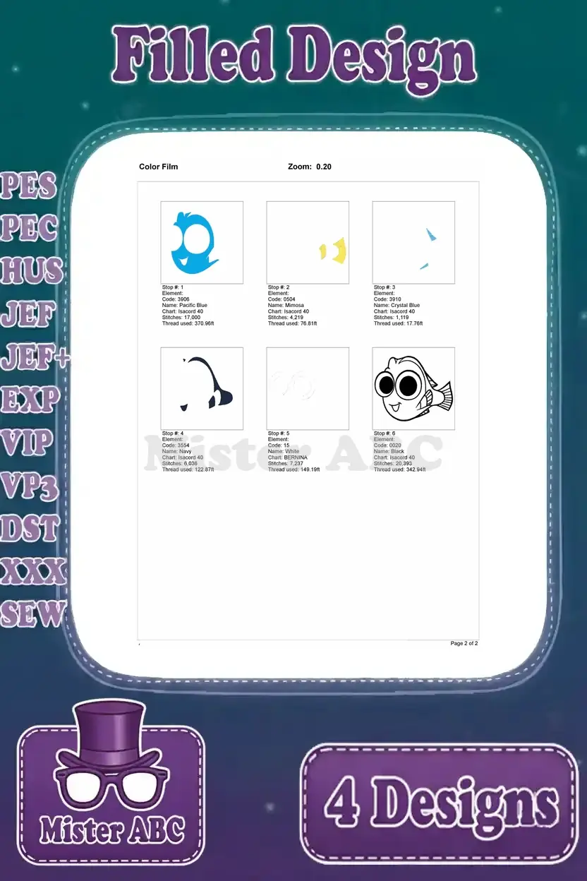 Color film display for the smiling Dory side-profile filled embroidery design, showing the stitch order.