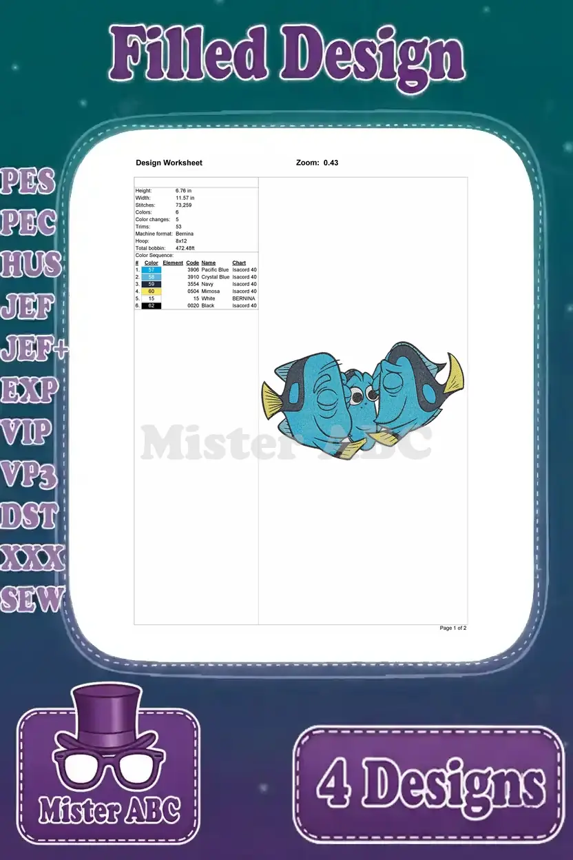 Worksheet for the adorable kissing Dory duo embroidery, detailing thread colors, stitch count, and dimensions.
