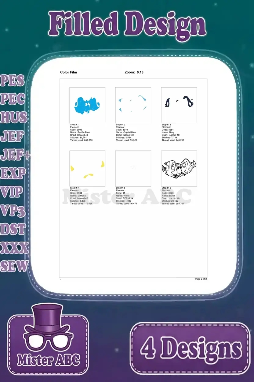 Color film breakdown for the kissing Dory duo filled embroidery design, showing the step-by-step color application.