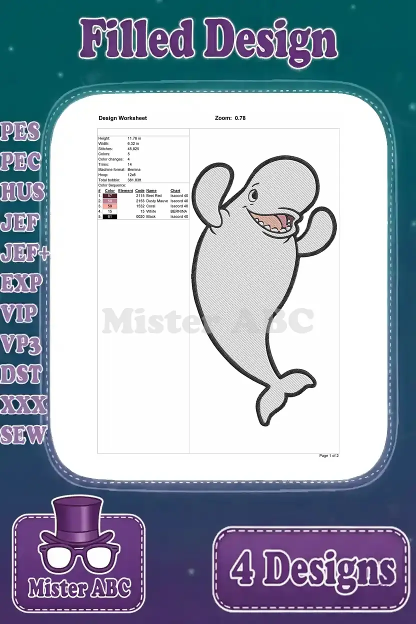 Detailed design worksheet for the first Bailey beluga whale filled embroidery, showing essential stitch information.