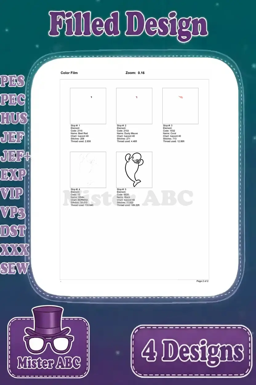 Color film chart for the first Bailey beluga whale filled embroidery design, outlining the stitching sequence.