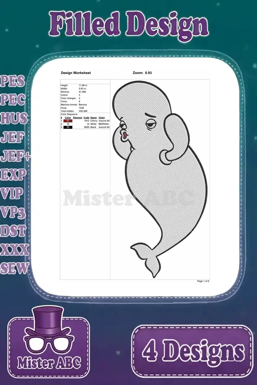 Design worksheet for the third Bailey beluga whale filled embroidery, featuring key metrics.