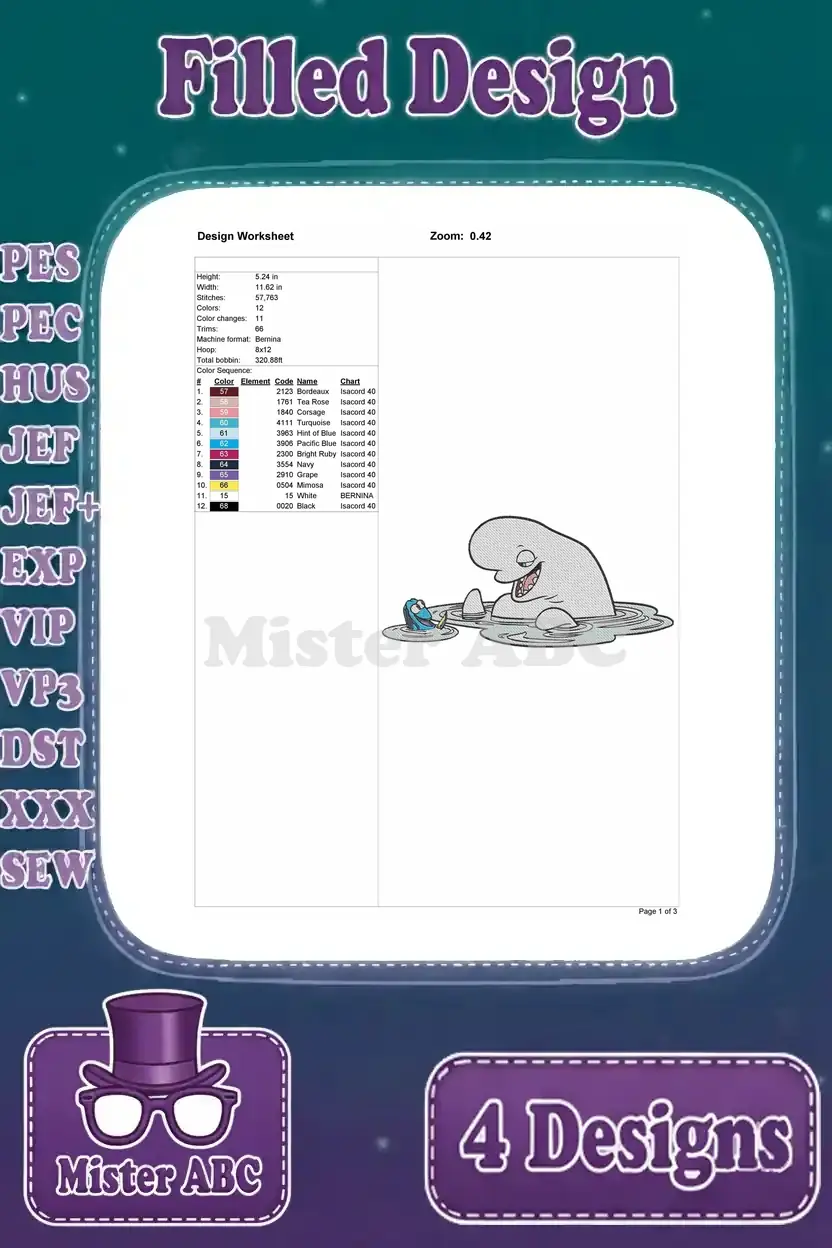 Design worksheet for the fourth Bailey beluga whale filled embroidery, outlining its characteristics.