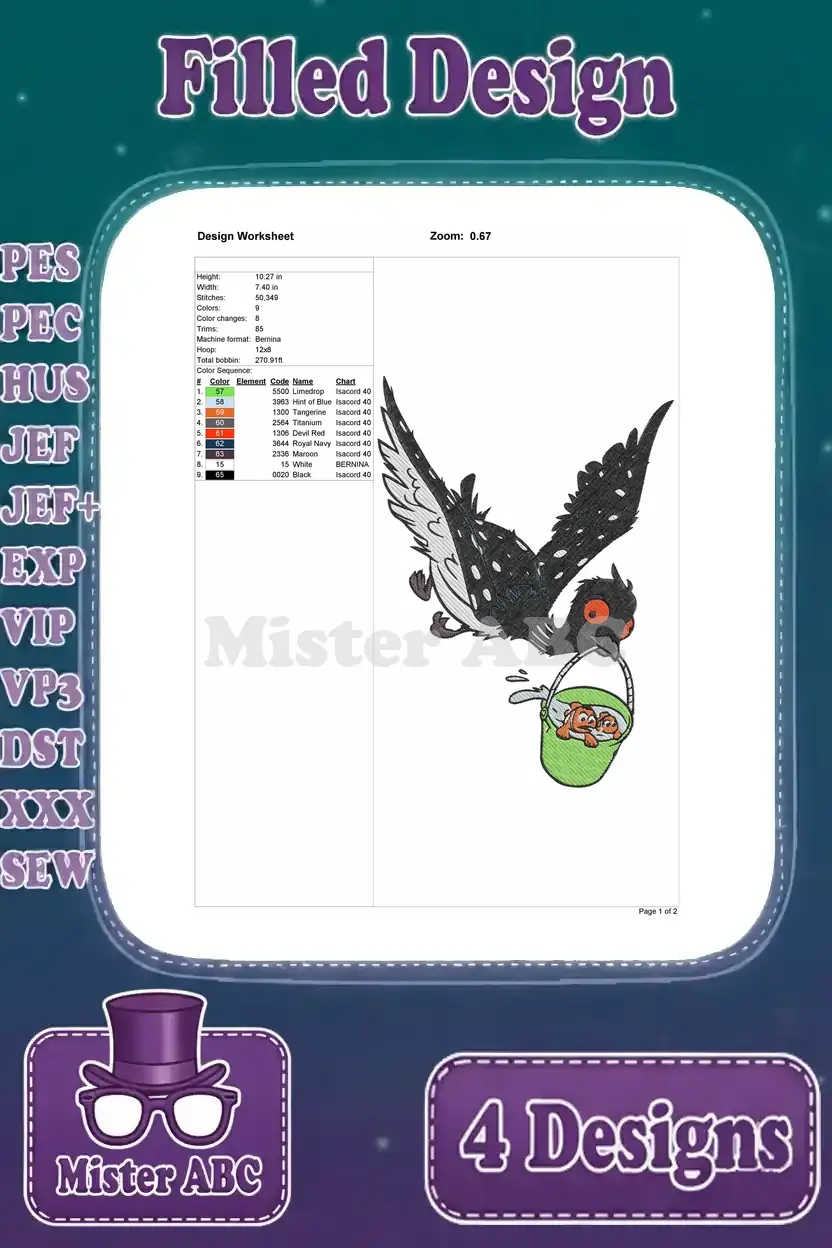 Detailed design worksheet for the Gerald embroidery, showing dimensions, stitch count, color sequence, and thread chart.