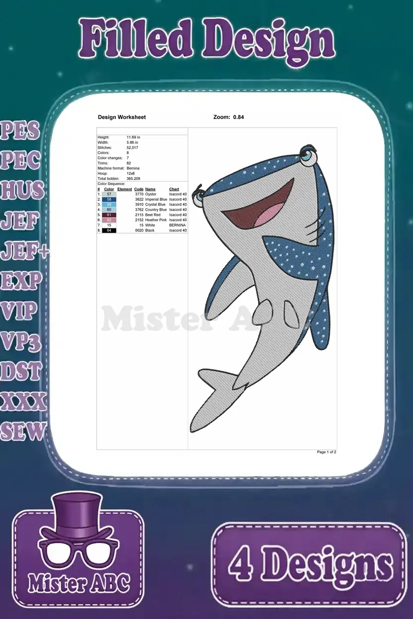 Design worksheet for the second Destiny whale shark embroidery, detailing dimensions, stitch count, and thread colors.