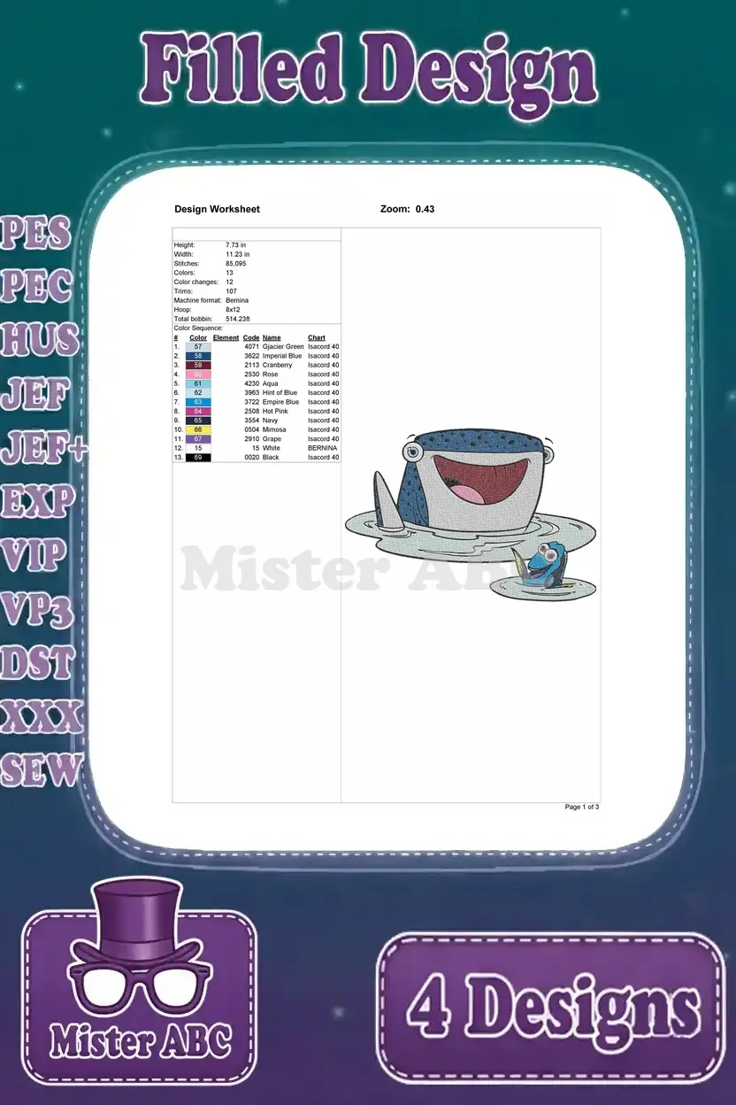 Design worksheet for the third Destiny whale shark embroidery, featuring Destiny partially submerged with Dory.