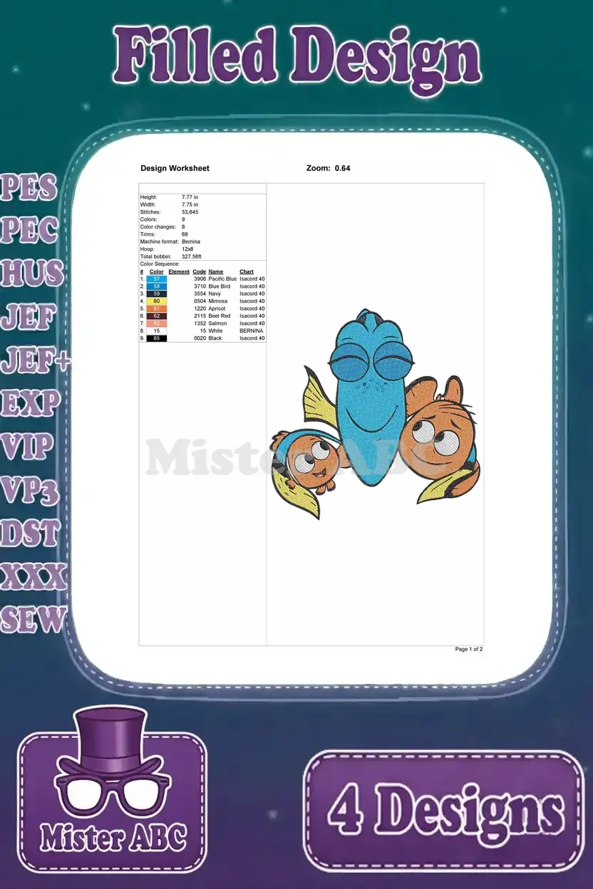 Detailed design worksheet for the Dory and Nemo 'closed eyes' filled embroidery, showing essential stitch information.
