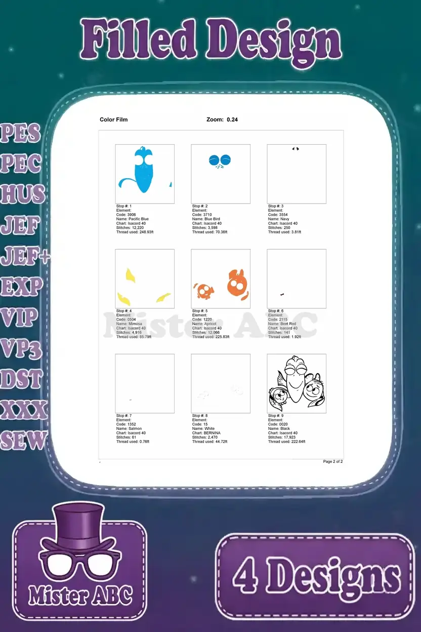 Color film breakdown for the Dory and Nemo 'closed eyes' filled embroidery design, illustrating stitch layers.