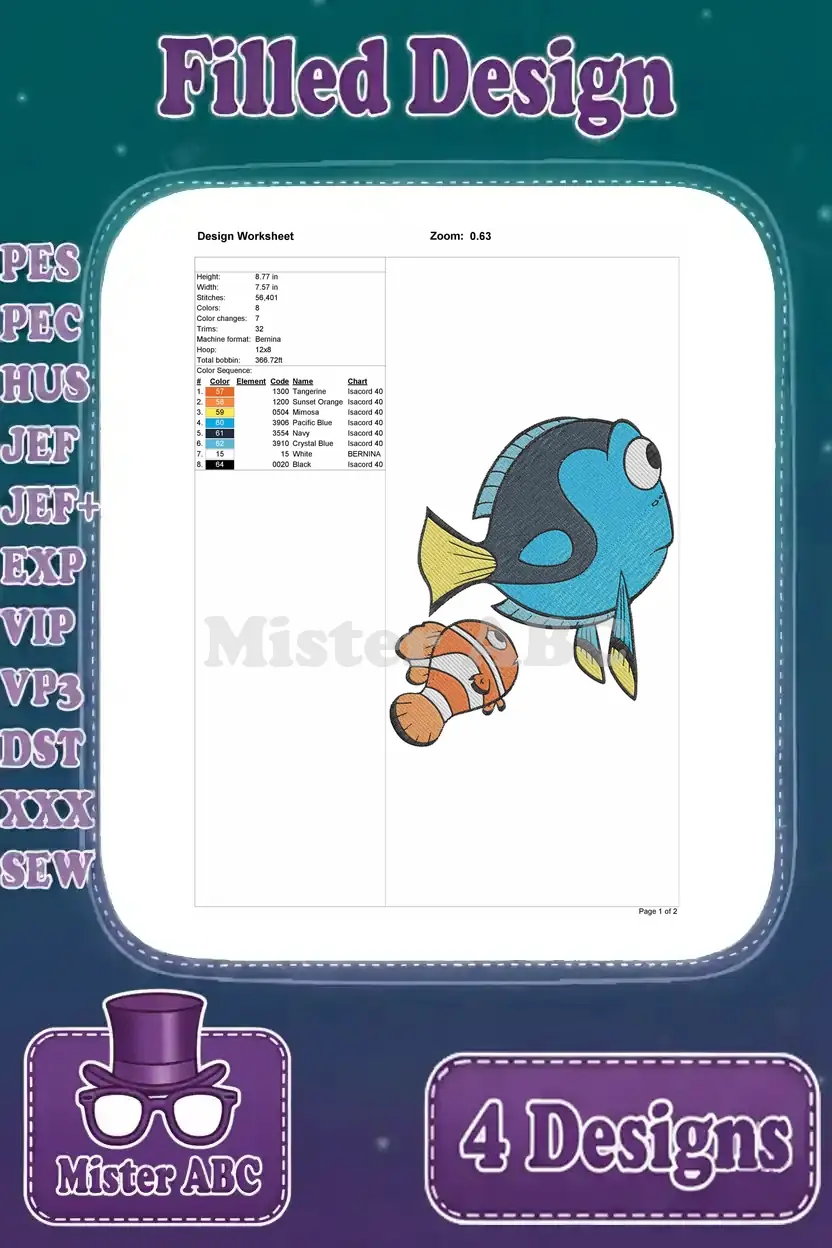 Detailed design worksheet for the Dory and Nemo 'side view' filled embroidery, outlining all necessary stitch data.