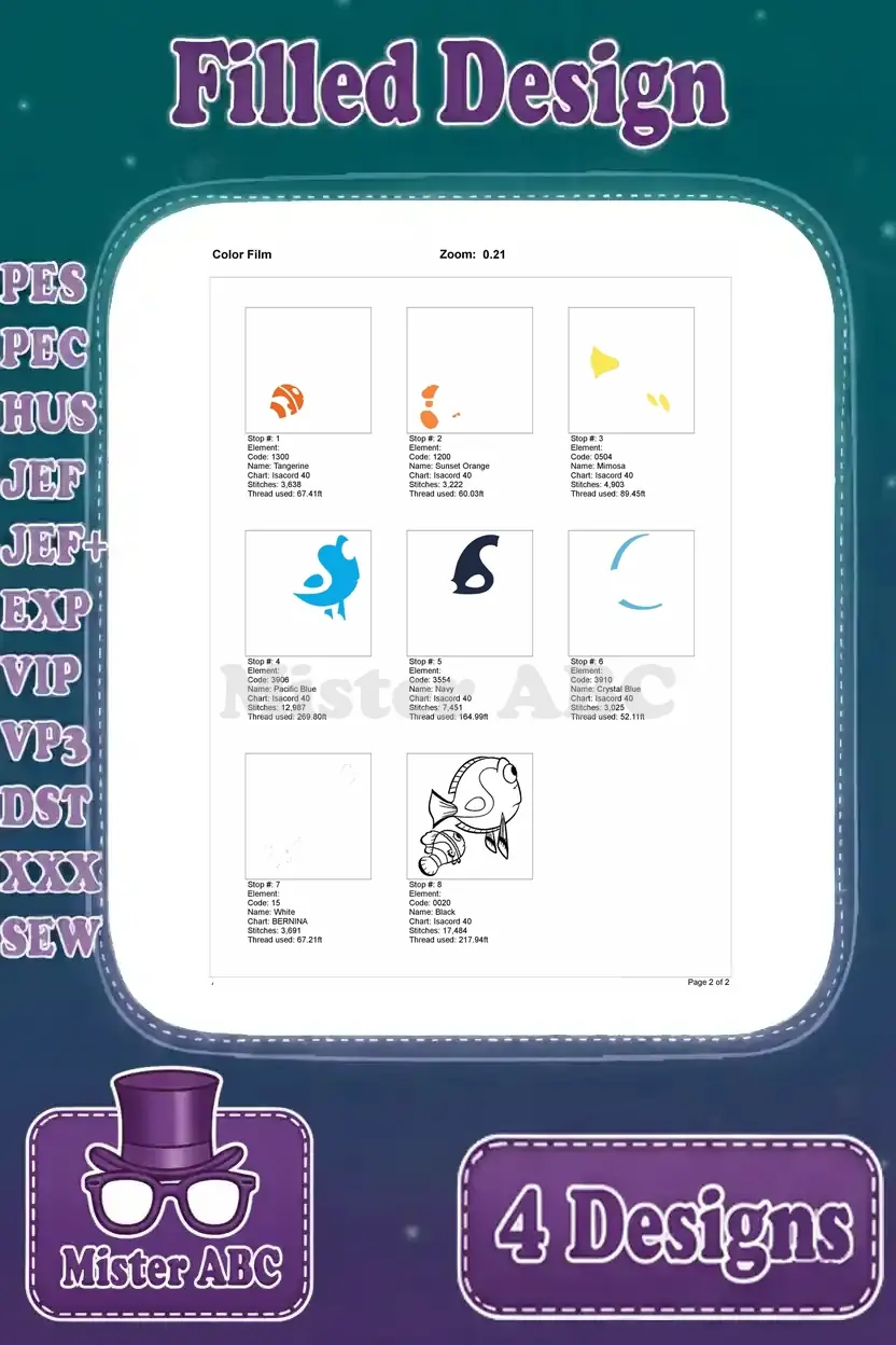 Color film breakdown for the Dory and Nemo 'side view' filled embroidery design, illustrating each stitch layer.