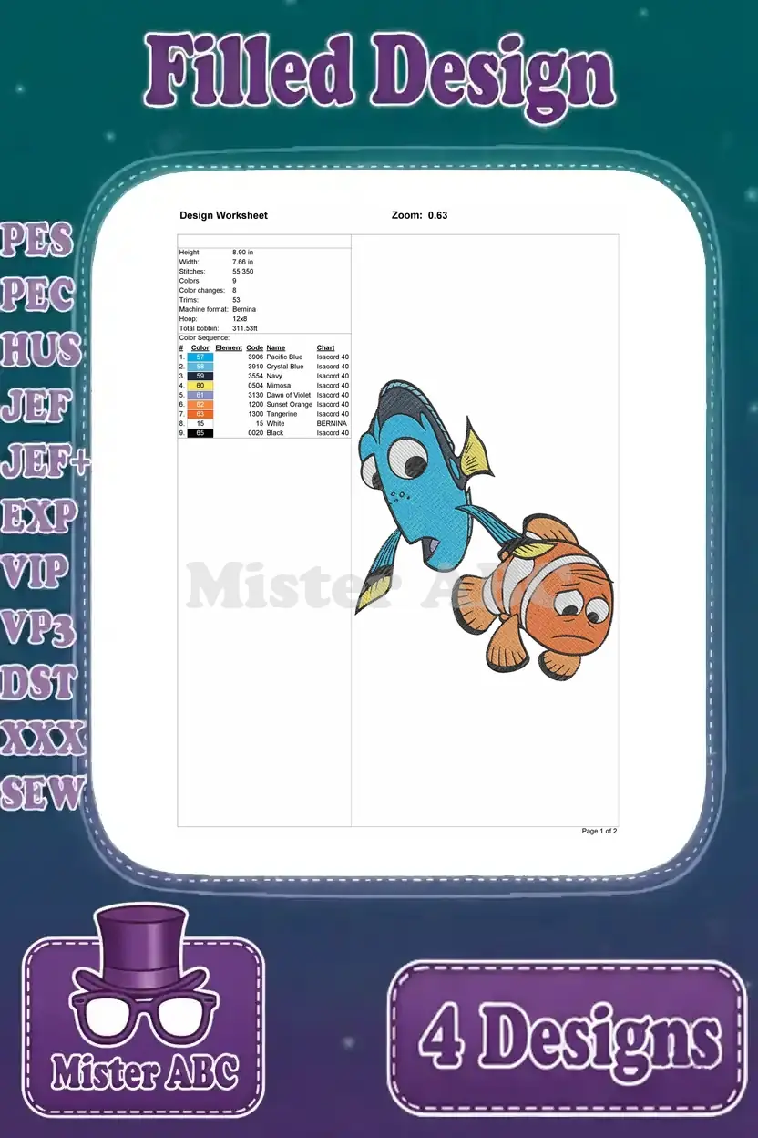 Detailed design worksheet for the Dory and Nemo 'looking down' filled embroidery, detailing all stitch information.