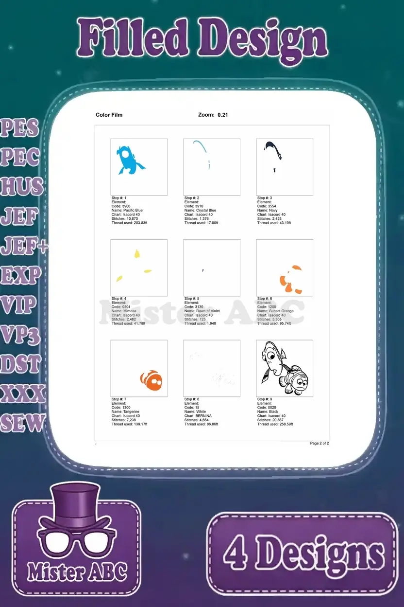 Color film breakdown for the Dory and Nemo 'looking down' filled embroidery design, illustrating all stitch layers.