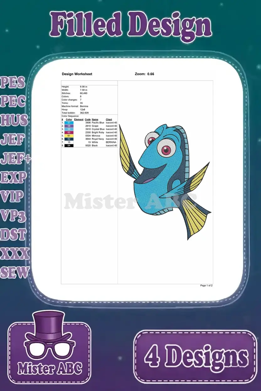 Detailed embroidery worksheet for one Dory design, showing stitch count, size, color sequence, and supported file formats.