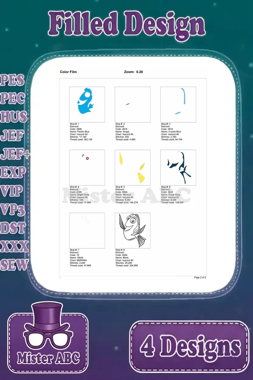 Color film sequence for the first Dory embroidery design, illustrating the stitch order and thread application process.