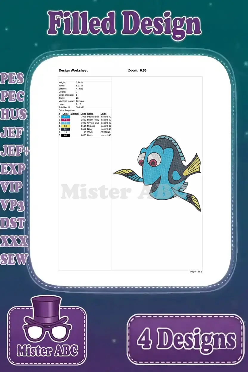 Comprehensive embroidery worksheet for the second Dory design, detailing stitch count, size, and vibrant color sequence.