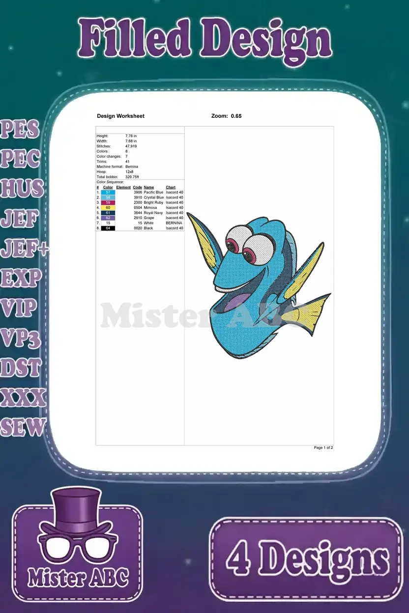Detailed embroidery worksheet for the third Dory design, showing stitch count, size, color sequence, and supported file formats.