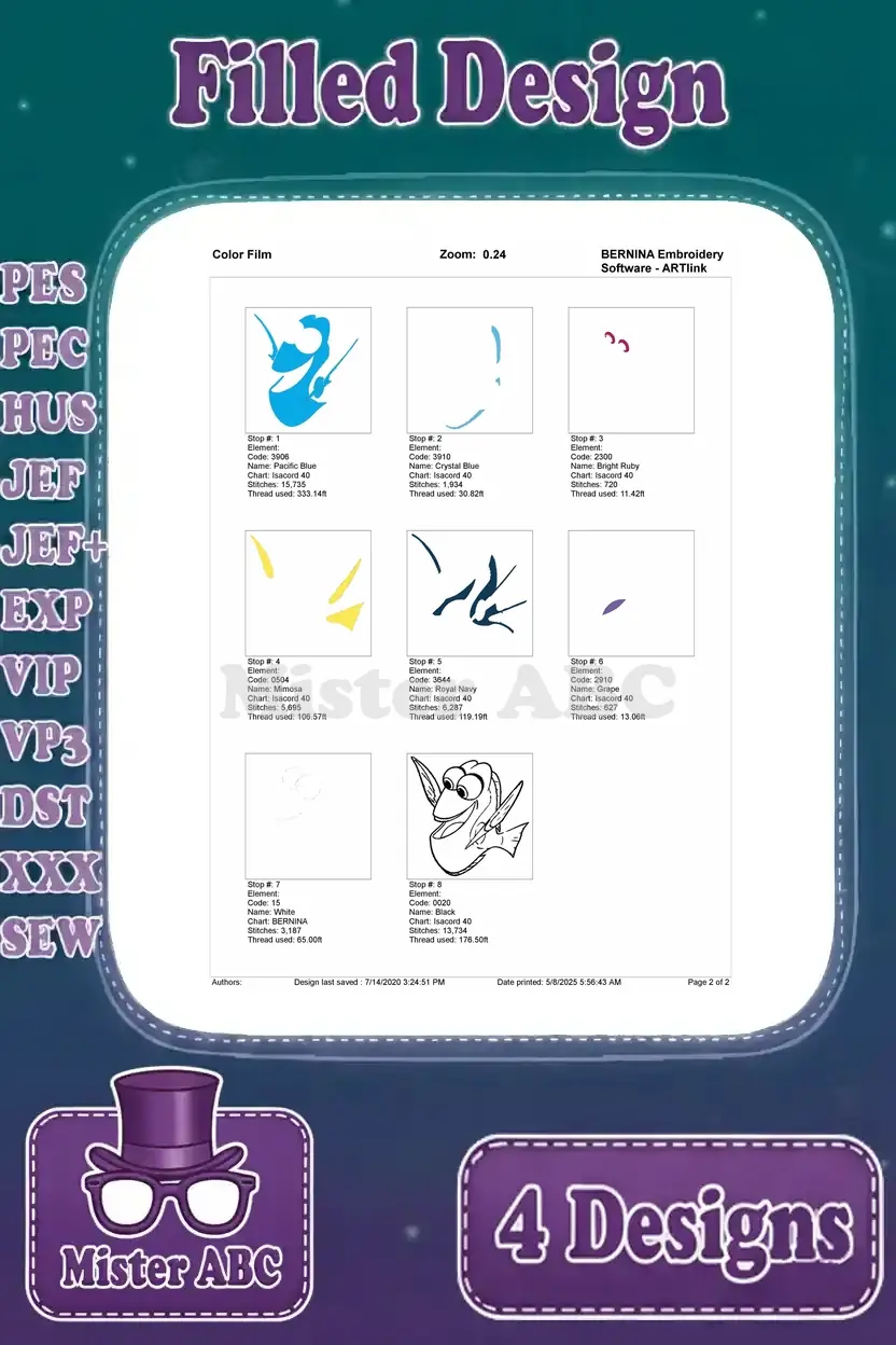 Color film sequence for the third Dory embroidery design, illustrating the stitch order and thread application process.
