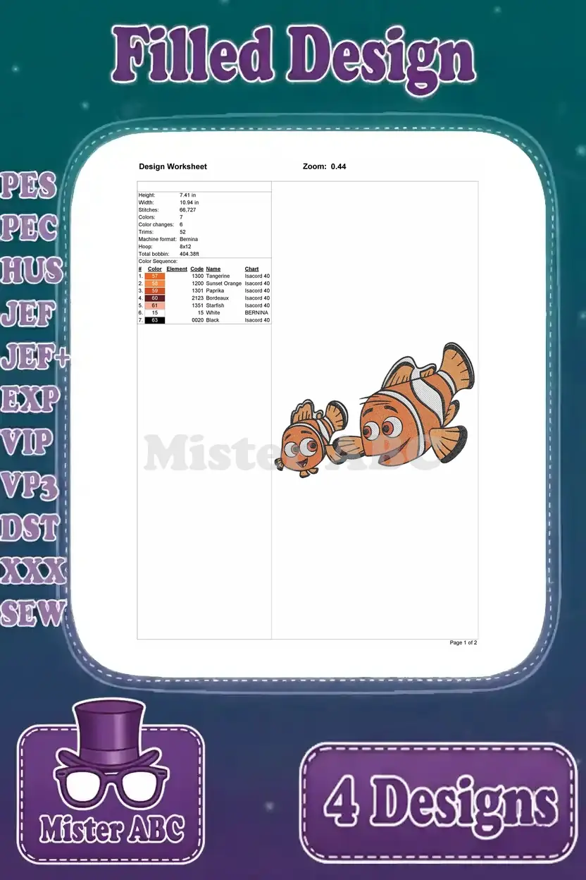 Design worksheet for a filled embroidery design featuring Nemo and Marlin clownfish looking right, detailing stitch information.